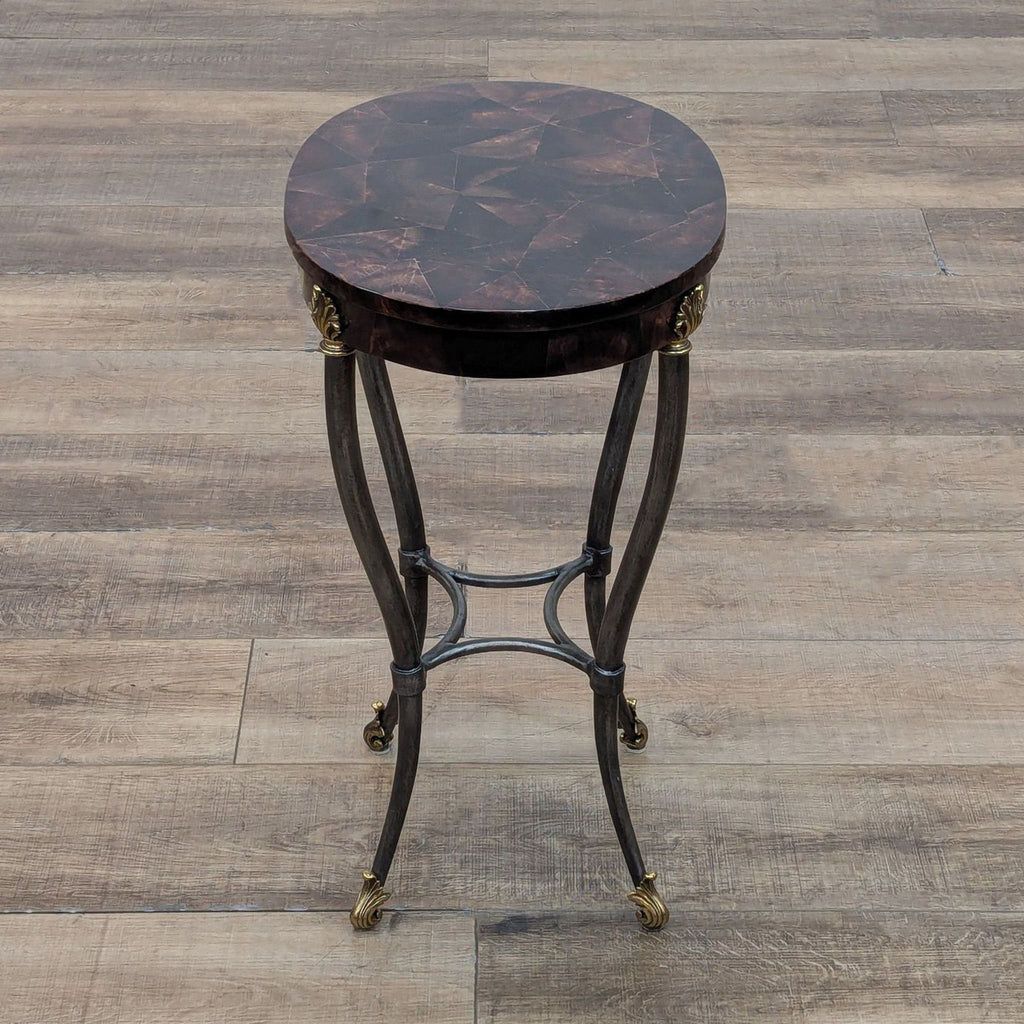 Gilt metal-accented side table with faux tortoise shell design, made in the Philippines by Ethan Allen.