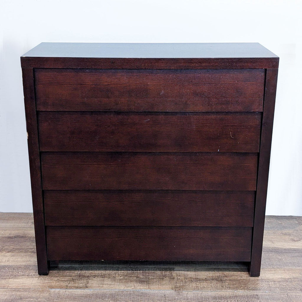 Dark-finished dresser with 5 drawers by Ethan Allen.