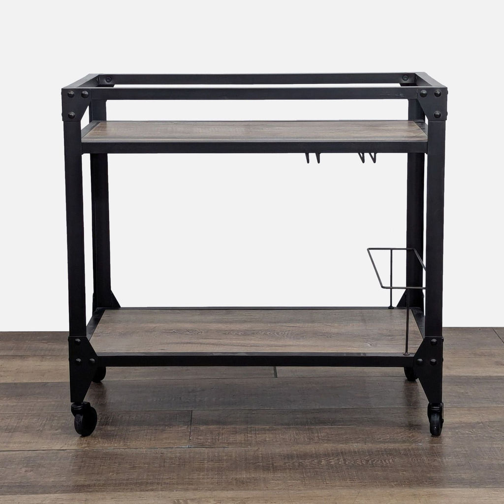 Bar cart with wooden shelves and metal frame, featuring bottle rack and wine glass storage.