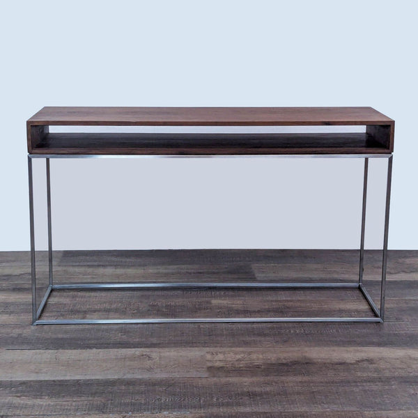 Open wood shelf on metal frame, front view.