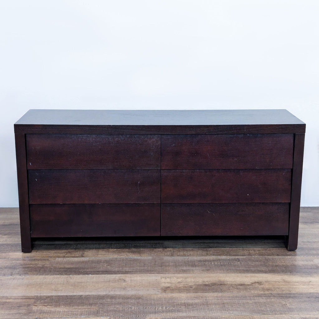 Dark wood dresser with 6 drawers and dovetail joinery by Ethan Allen.