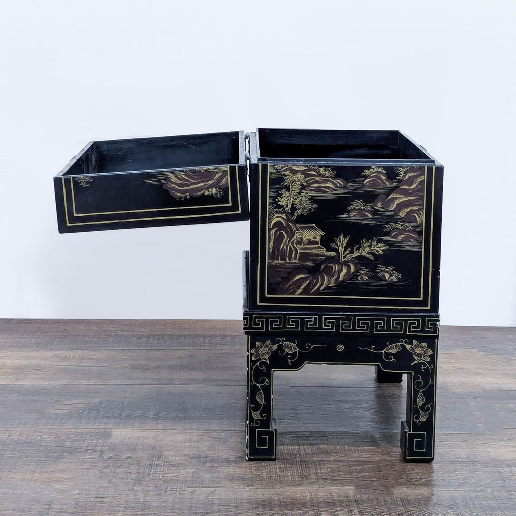 Trunk with open lid showing interior, featuring detailed hand-painted scenes, on decorative stand.