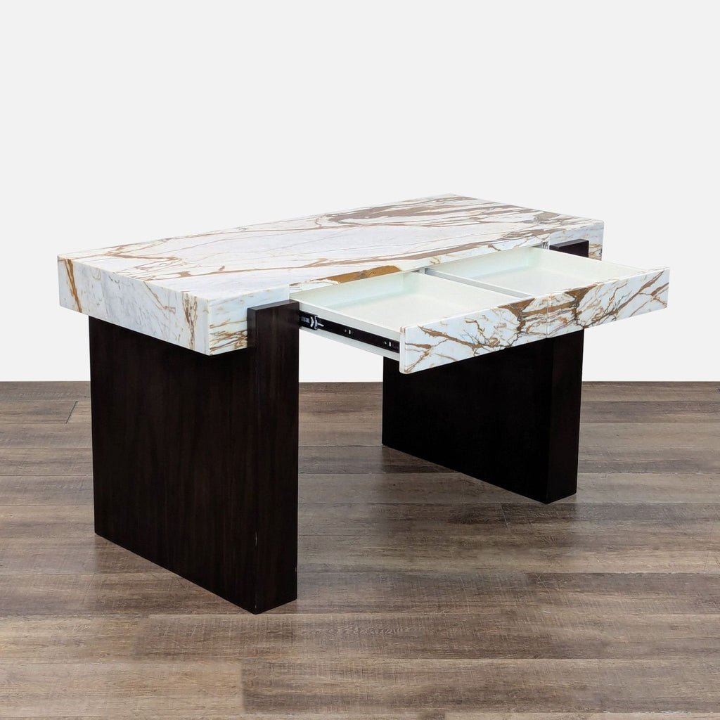 Striking desk with marble and walnut design, showcasing open drawers for storage versatility.