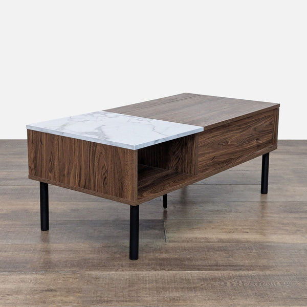 Reperch coffee table with marble and wood design on a wooden floor.
