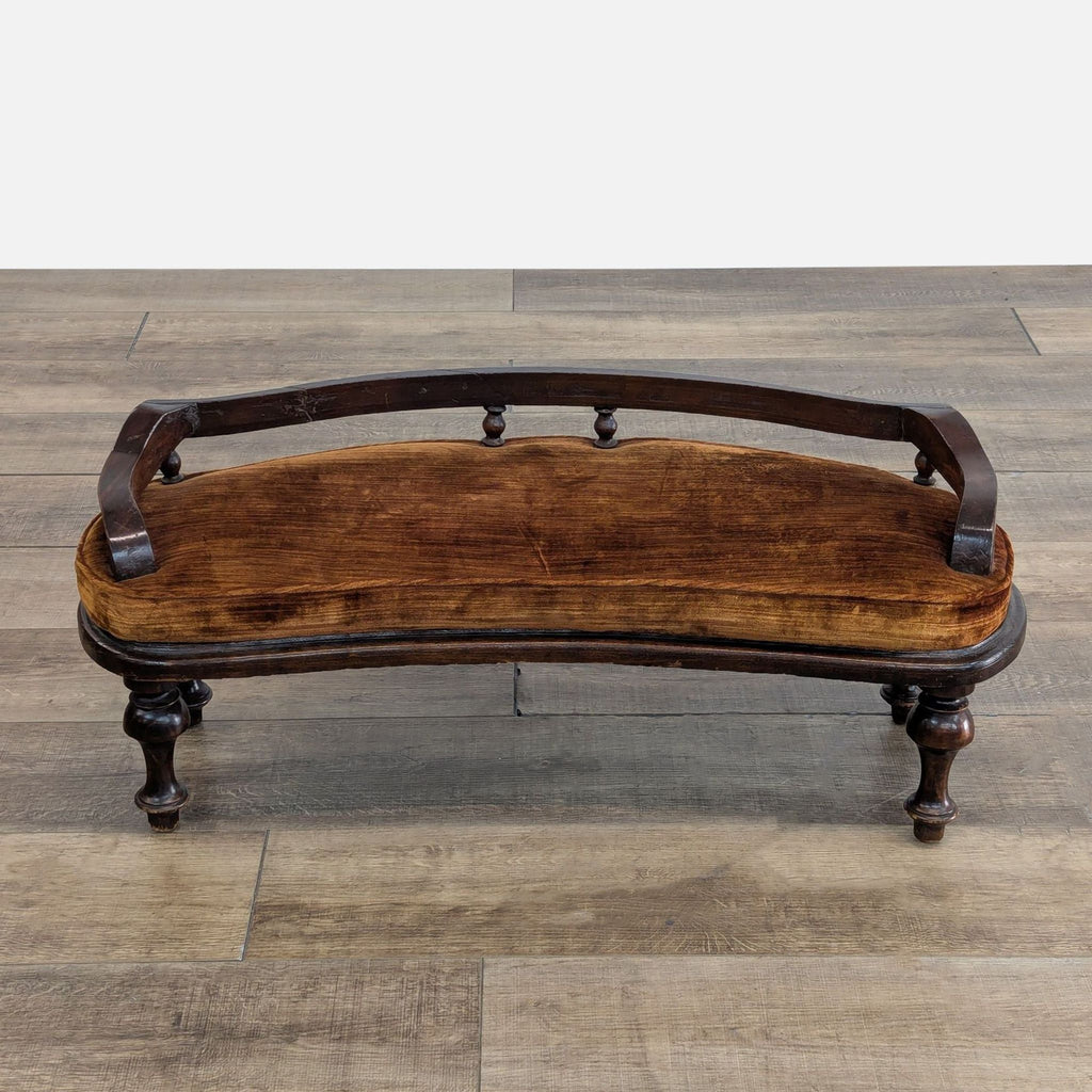 Antique Wood Bench with Velvet Cushion