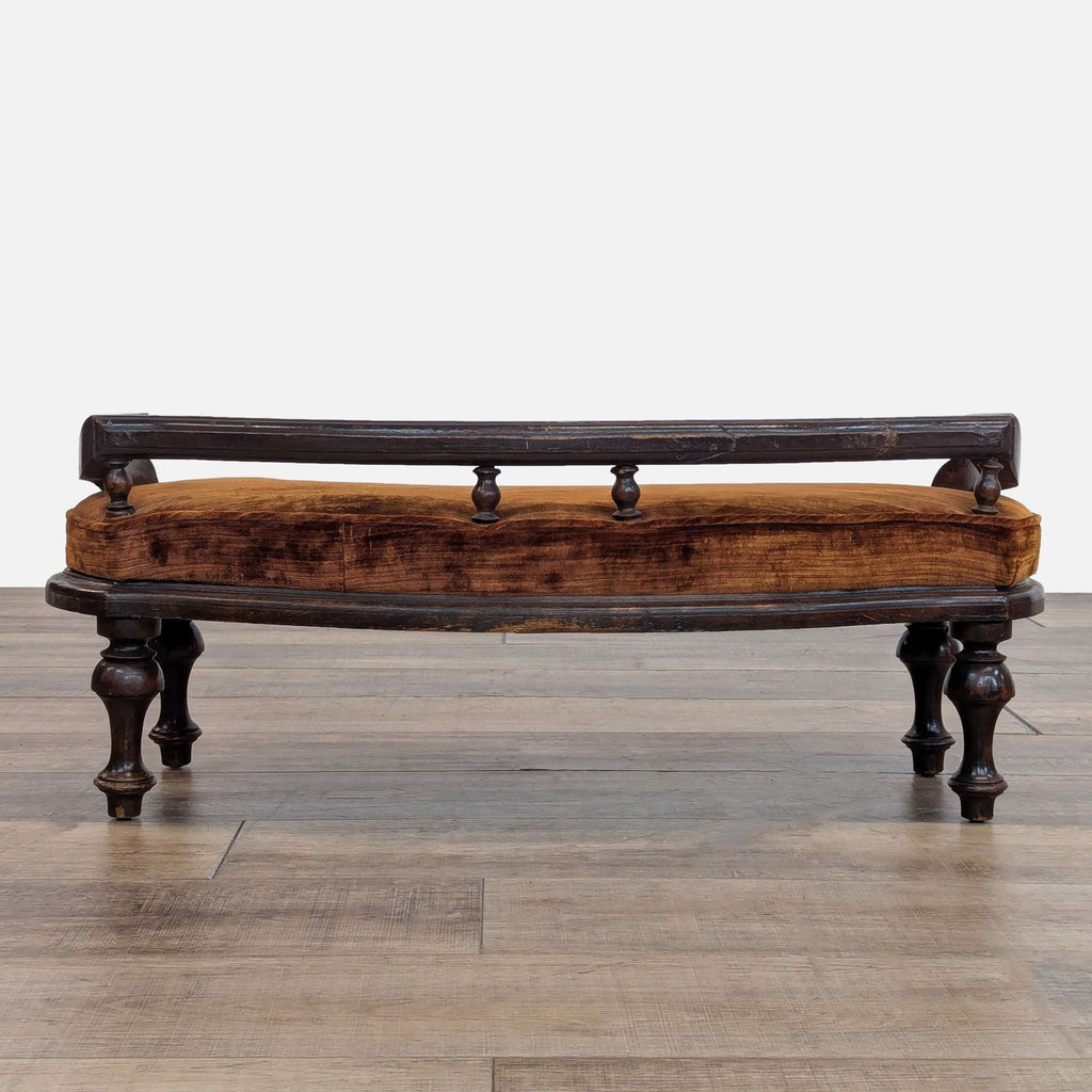 Antique Wood Bench with Velvet Cushion