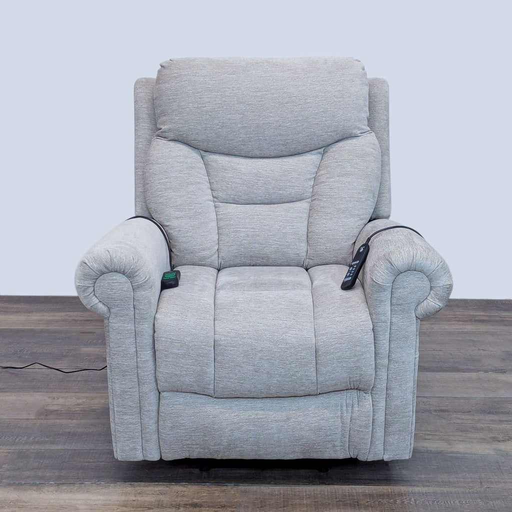 Gray recliner chair with power lift, USB ports, massage, and heat.