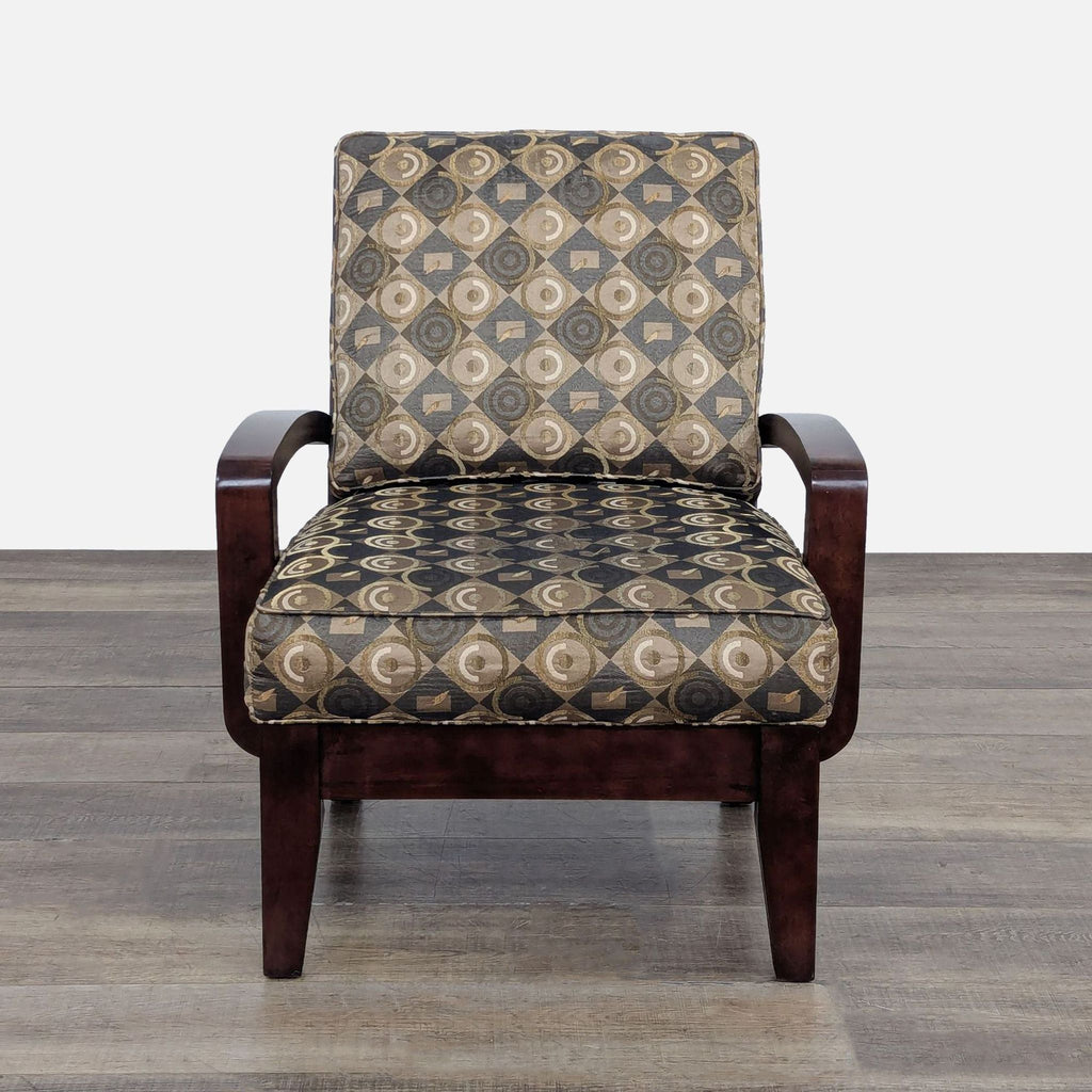 Geometric upholstered chair with a dark wood frame, front view.