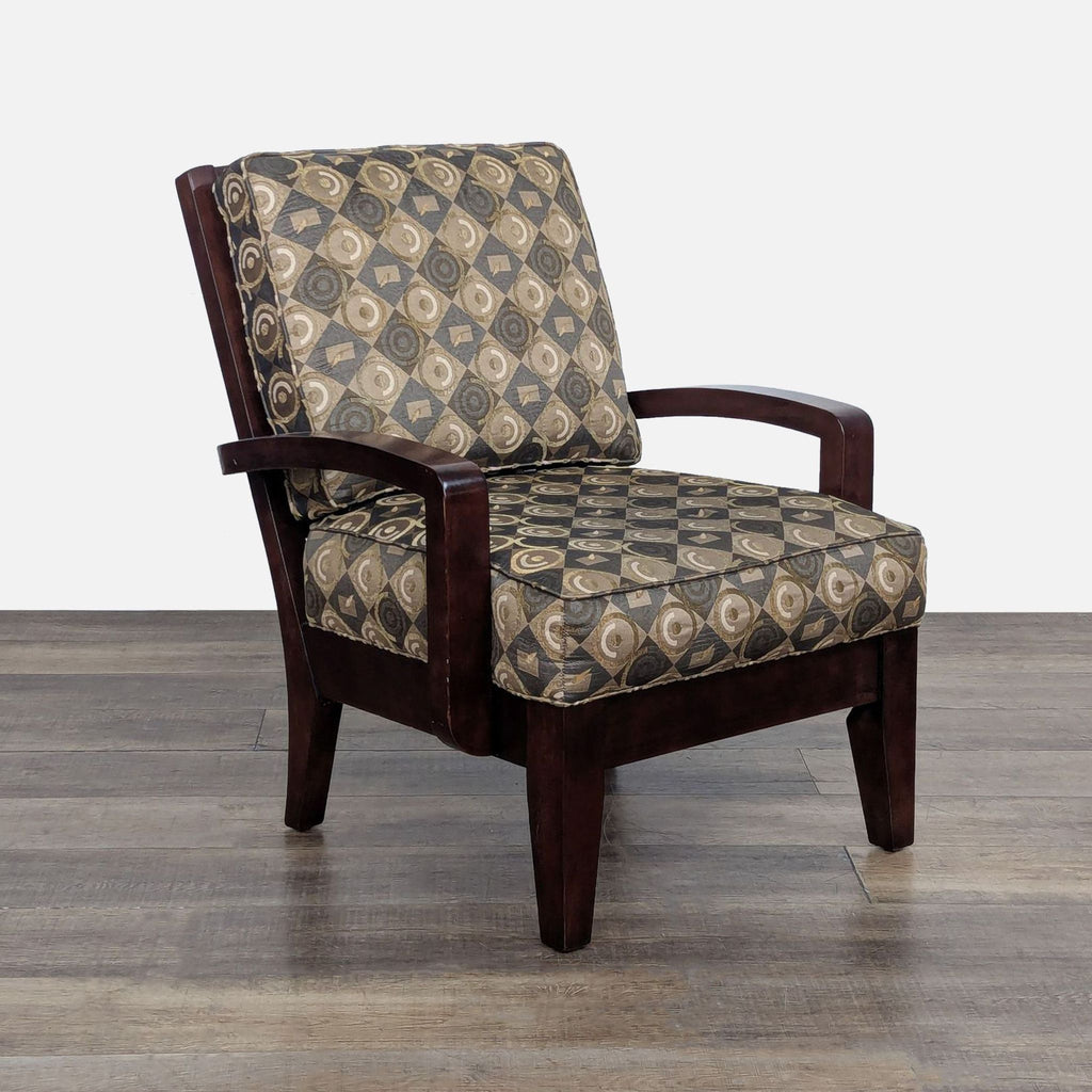 Angled view of geometric patterned chair with wooden arms and legs.