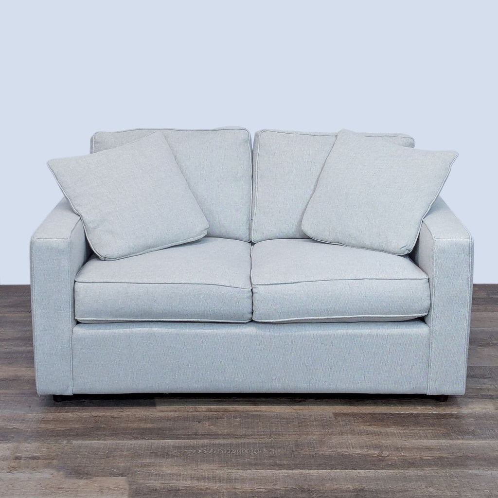 Room and Board loveseat with track arms in Summer Linen fabric.