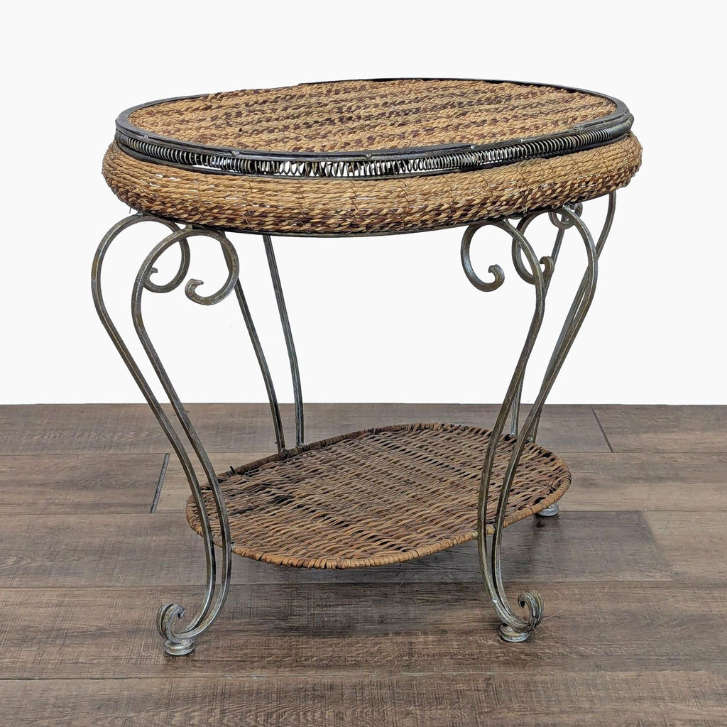 Patterned Wicker and Metal End Table with Shelf