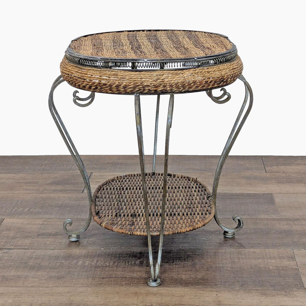 Patterned Wicker and Metal End Table with Shelf
