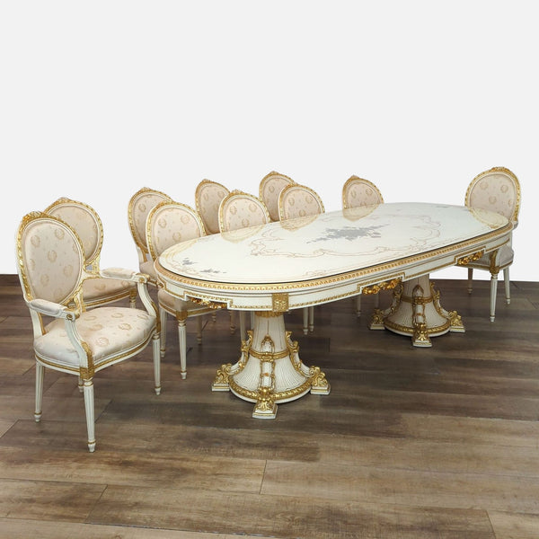 Reperch dining set with 10 giltwood chairs and a table featuring rose motifs.
