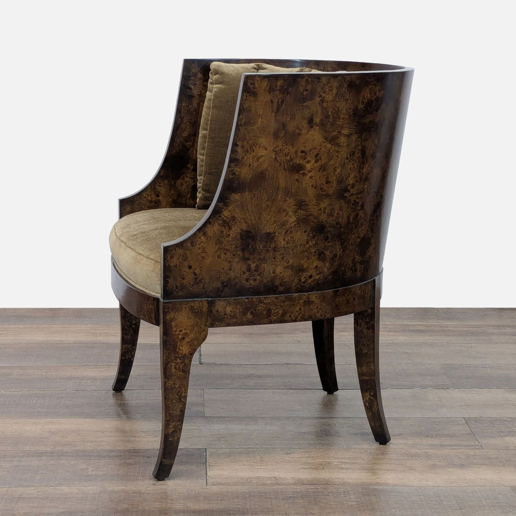 3. Back side angle of a William Switzer lounge chair in the lounge category, showing burlwood veneer and velvet upholstery.