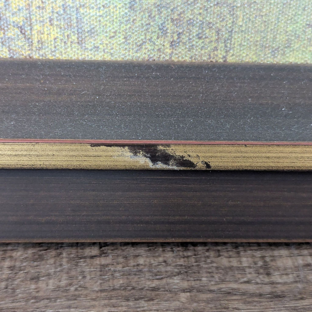 Detailed view of the painting's frame with visible wear and texture.