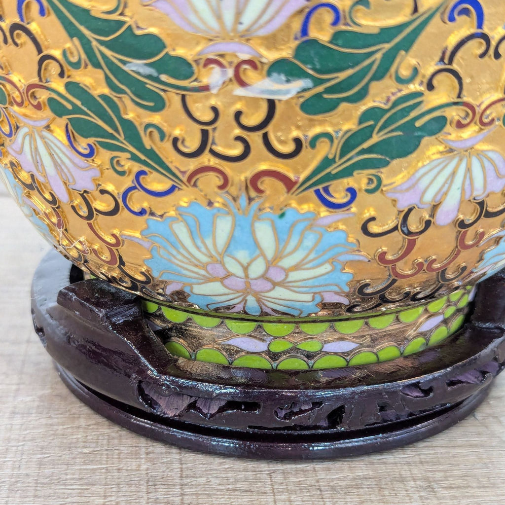 Chinese Champleve Vase with Wood Stand