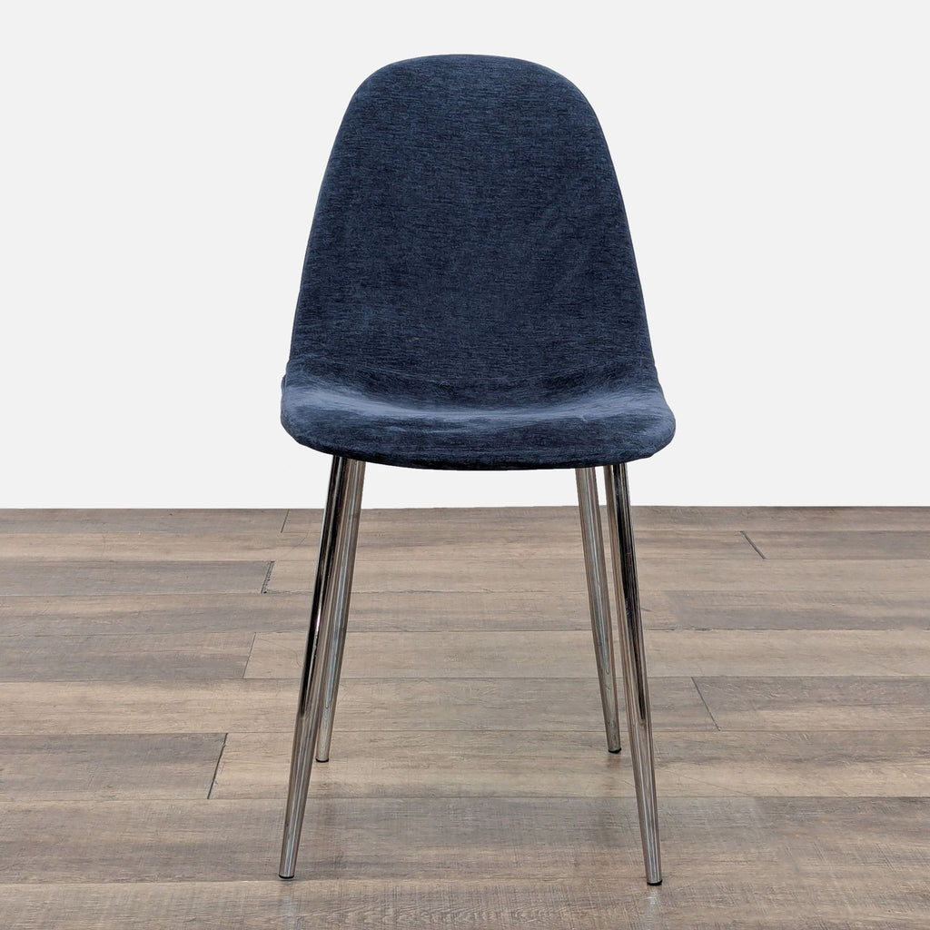 Front view of a Reperch dining chair with a blue fabric seat and chrome legs.