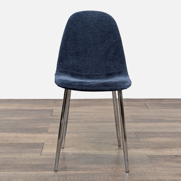 Front view of a Reperch dining chair with a blue fabric seat and chrome legs.