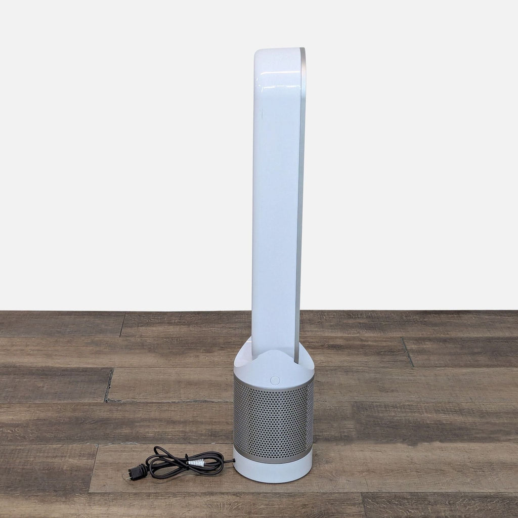 1. Reperch bladeless tower fan in white with detachable power cord, shown from a side view on wood floor.