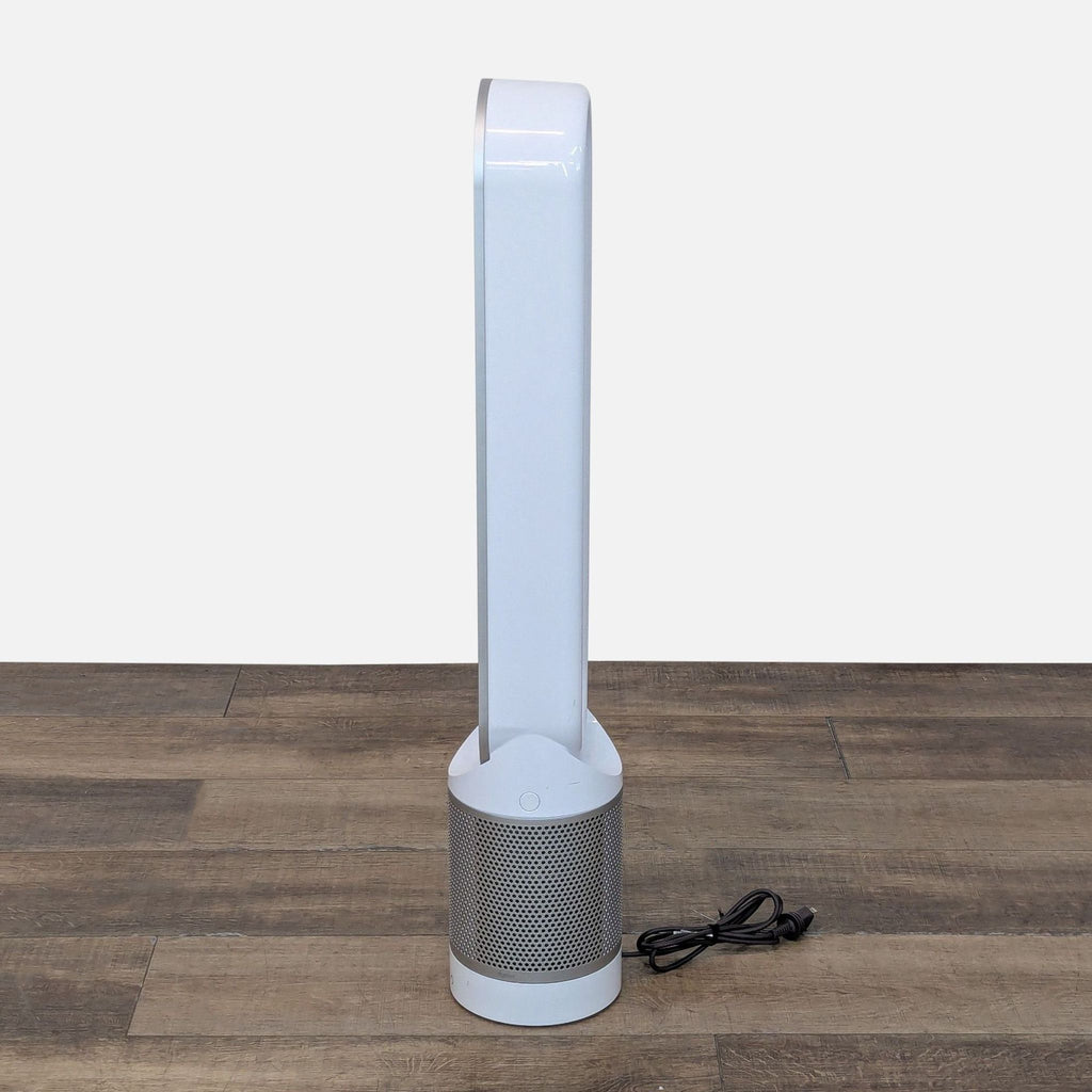 3. Side view of a white Reperch bladeless tower fan with power cord, placed on a wooden floor background.