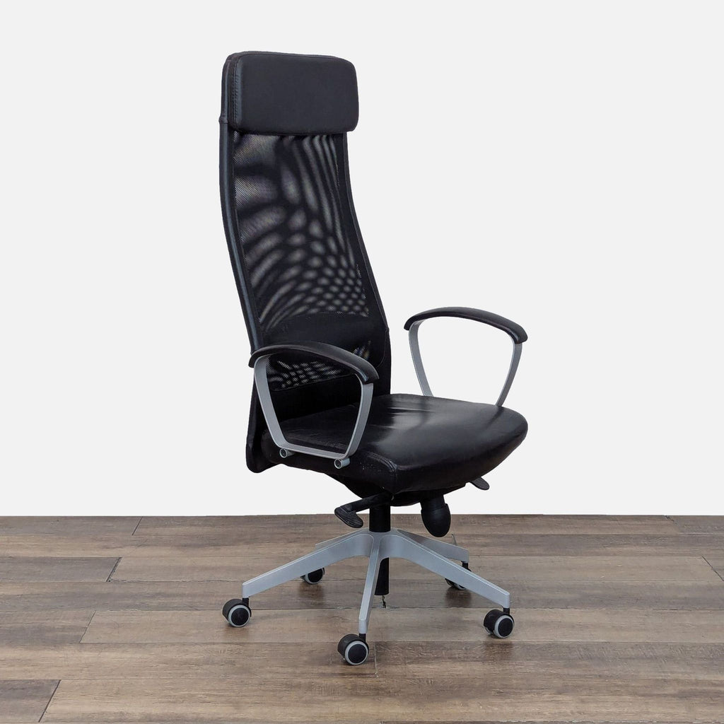 Angled view of a Reperch ergonomic chair featuring a tall back and smooth-rolling wheels.