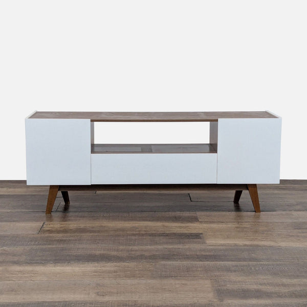 Reperch entertainment center with shelving, cabinets, and a drawer.