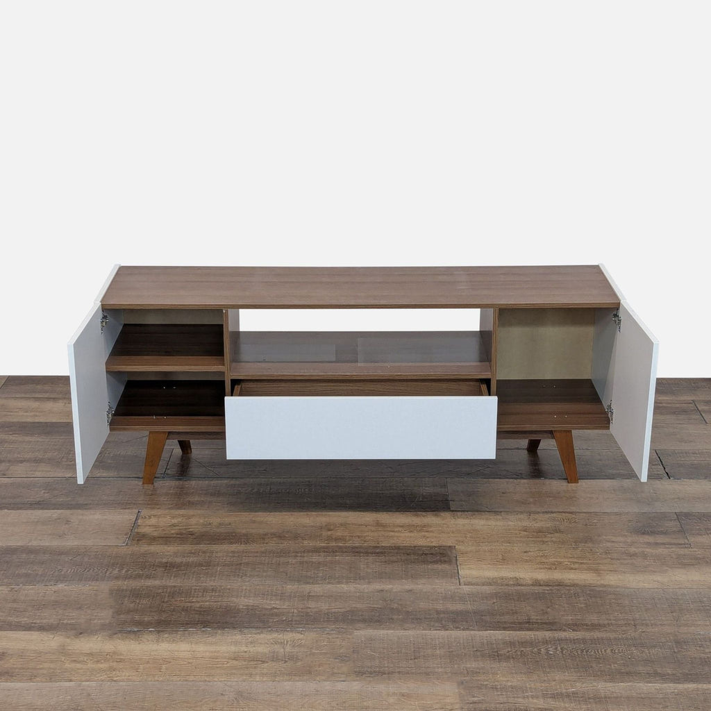 Modern Reperch entertainment unit featuring storage and open shelving. 