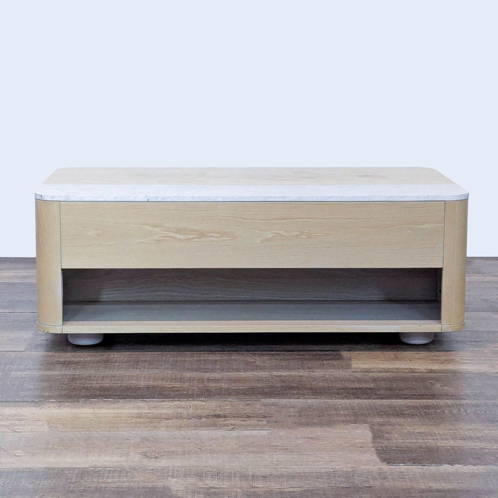 Coffee table with Feather Gray finish and marble top.