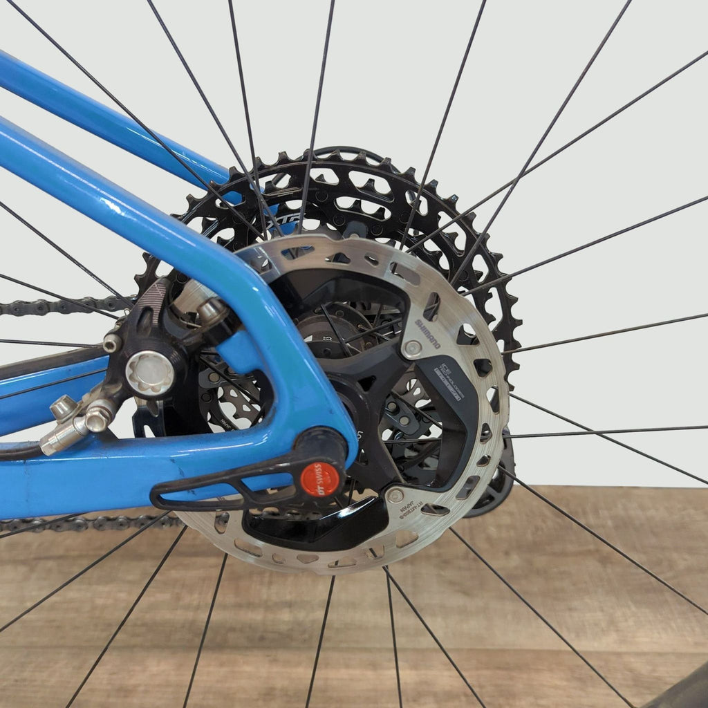 Rear wheel detail of a bike with disc brakes and gears.