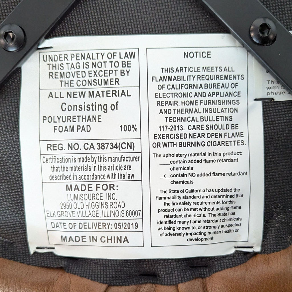 Product label showing materials and safety info for Lumisource stool.