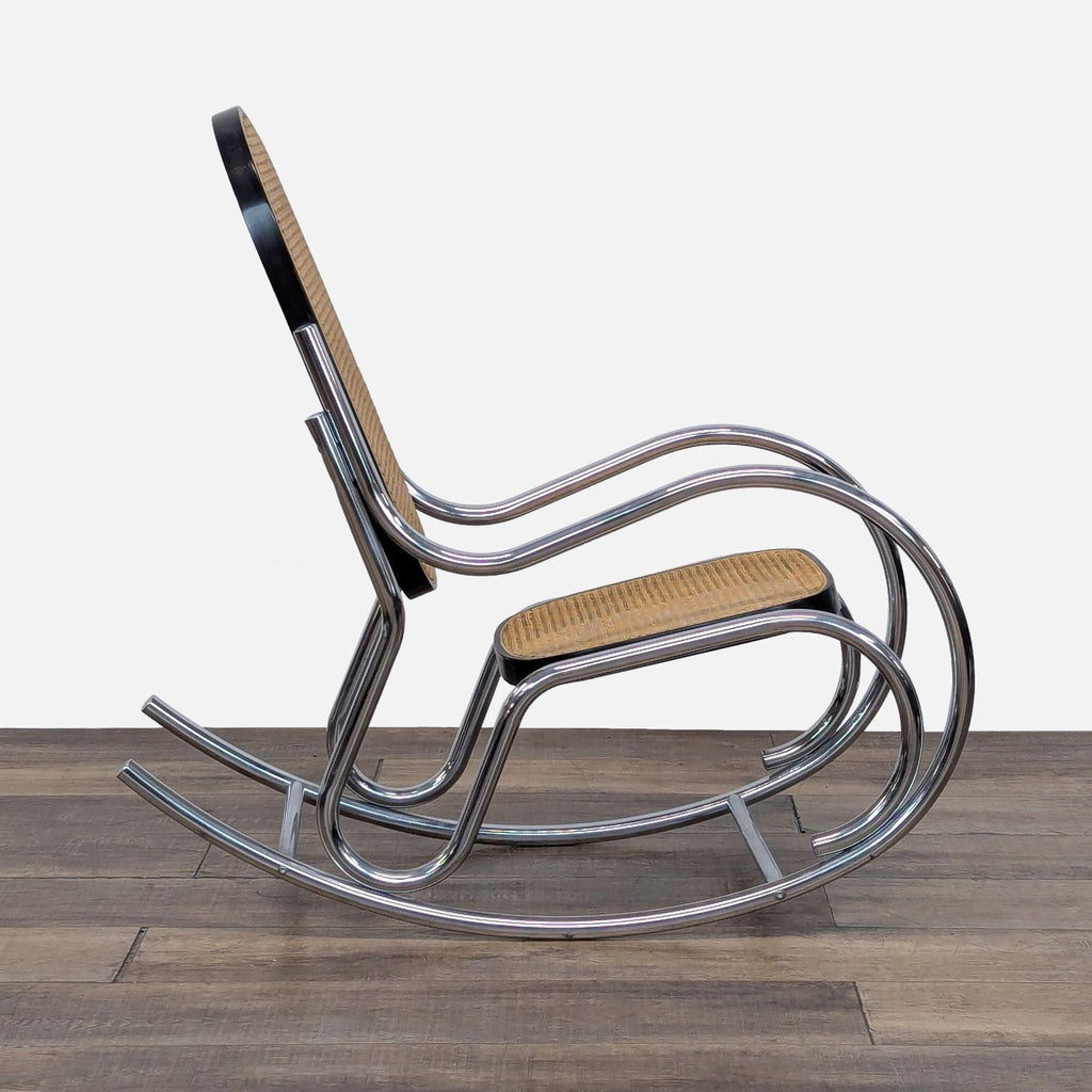 Rocking chair featuring a chromed steel frame and rattan seat/back, vintage British design.  