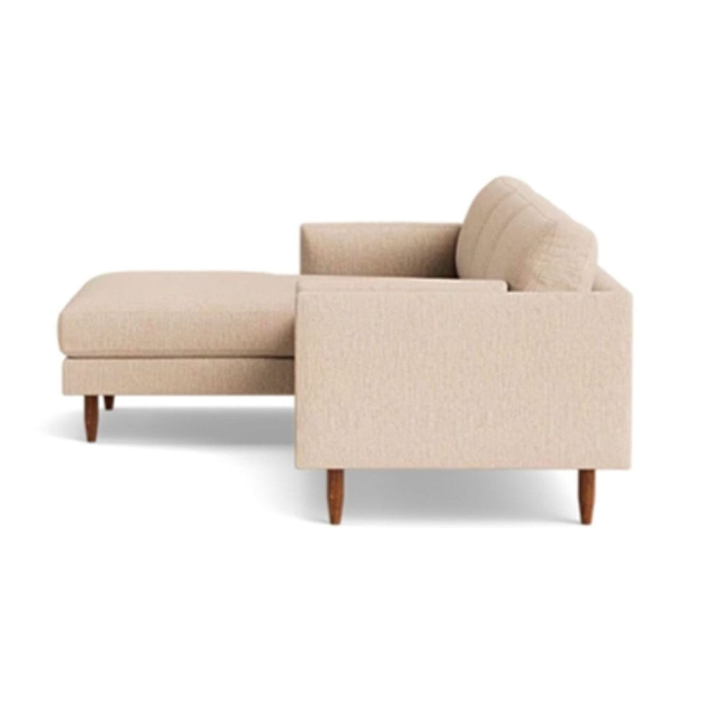 3. Modern Reperch sofa in Merrick fabric features roomy cushions, slim frame, and walnut tapered legs.