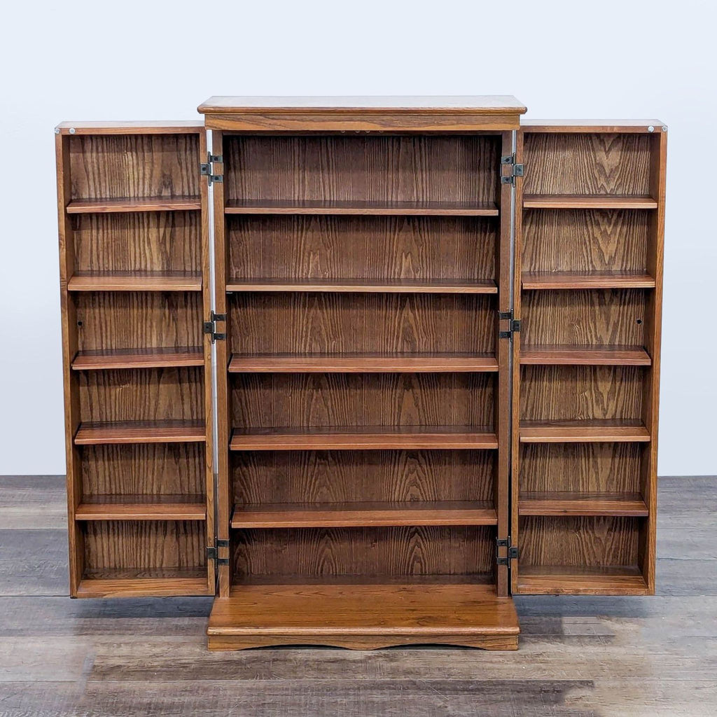 2. Open wooden cabinet revealing adjustable shelves.
