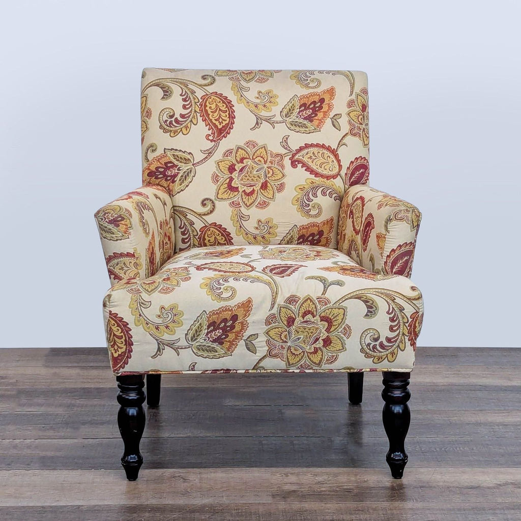Floral and paisley lounge chair with turned wood legs, by Reperch.
