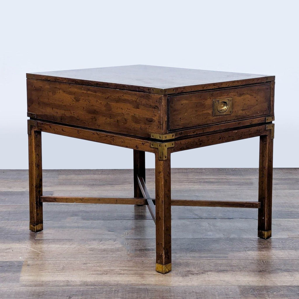 Side view of a Heritage Furniture end table showing its rich wood finish.