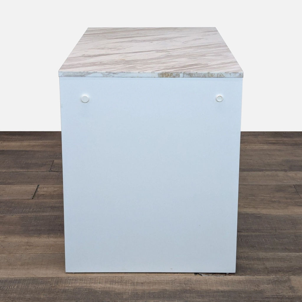 3. End view highlighting the glossy white finish and veined marble surface.