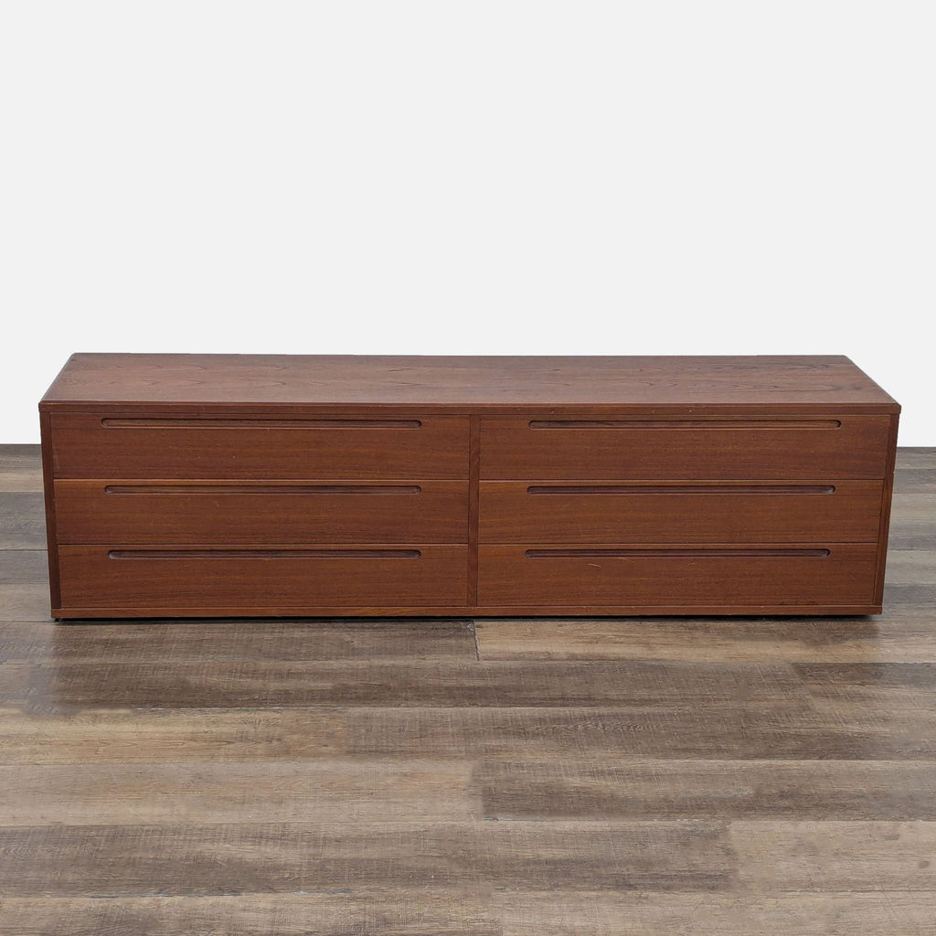 Wood lowboy dresser with six drawers, recessed pulls, by Reperch.