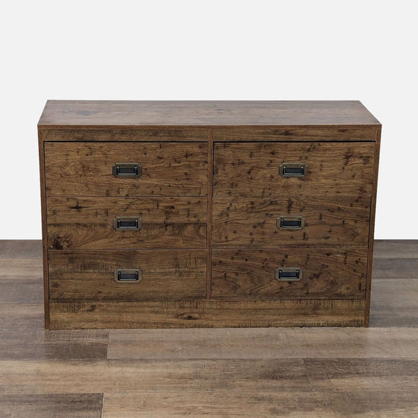 Rustic Reperch dresser with aged wood finish and six drawers.