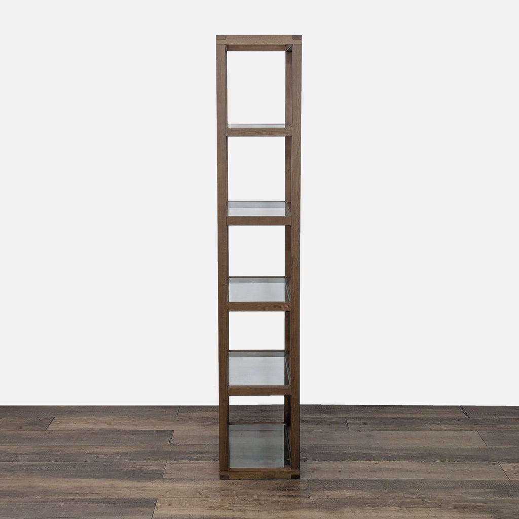 Side view of Reperch bookshelf, showing slim profile.  