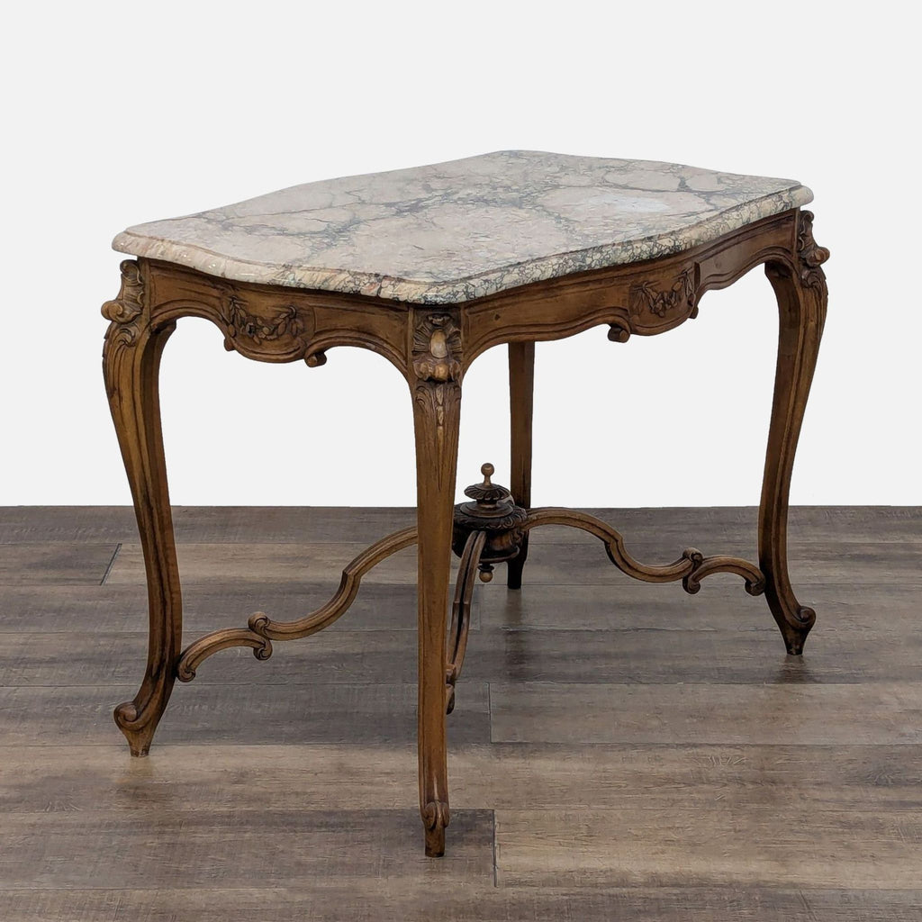 Carved Wood Console Table with Marble Top