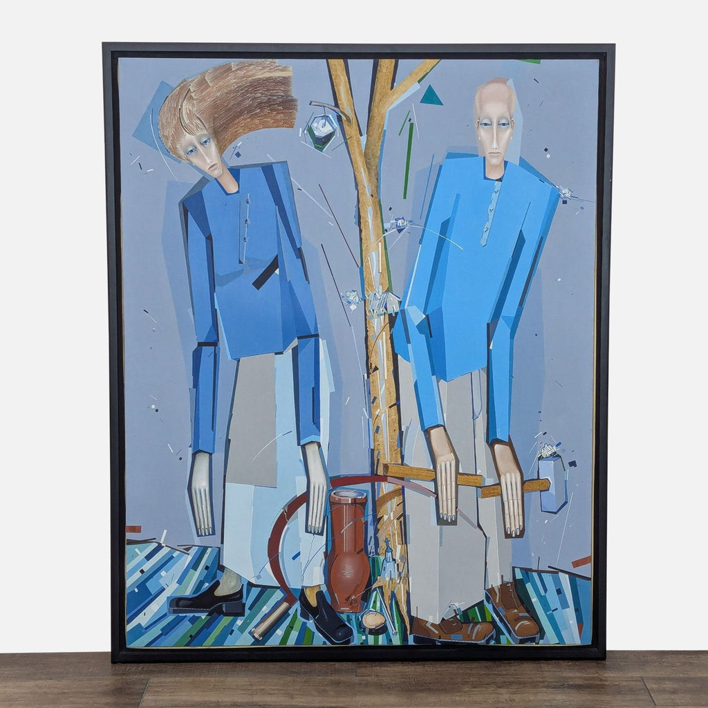 1. Framed Alexy Vermishev oil painting featuring two abstract figures in blue, signed and dated 1990.