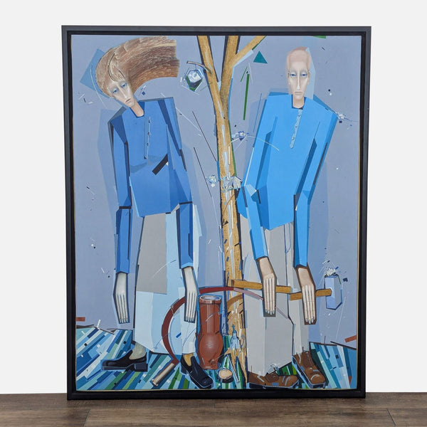 1. Framed Alexy Vermishev oil painting featuring two abstract figures in blue, signed and dated 1990.