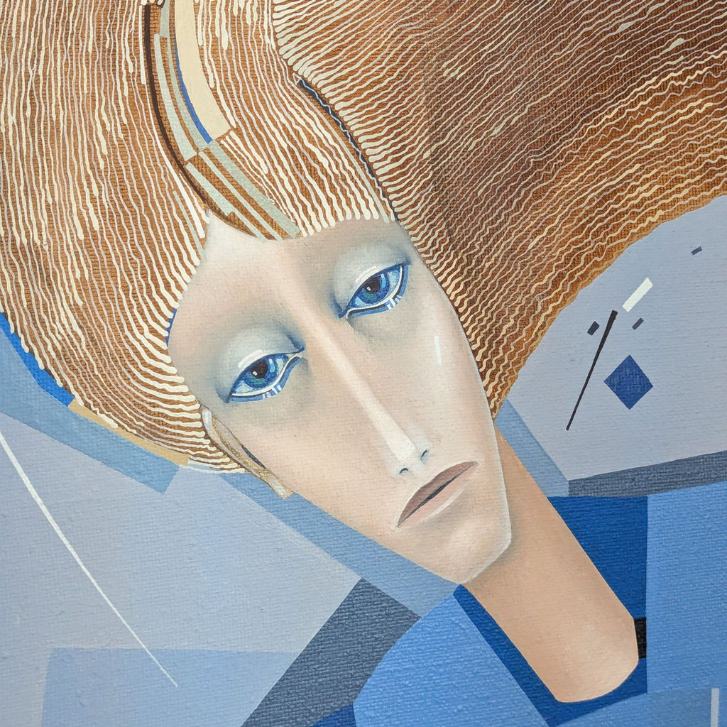 2. Close-up of the painting's detailed face, showcasing intricate linework and textured brushstrokes.