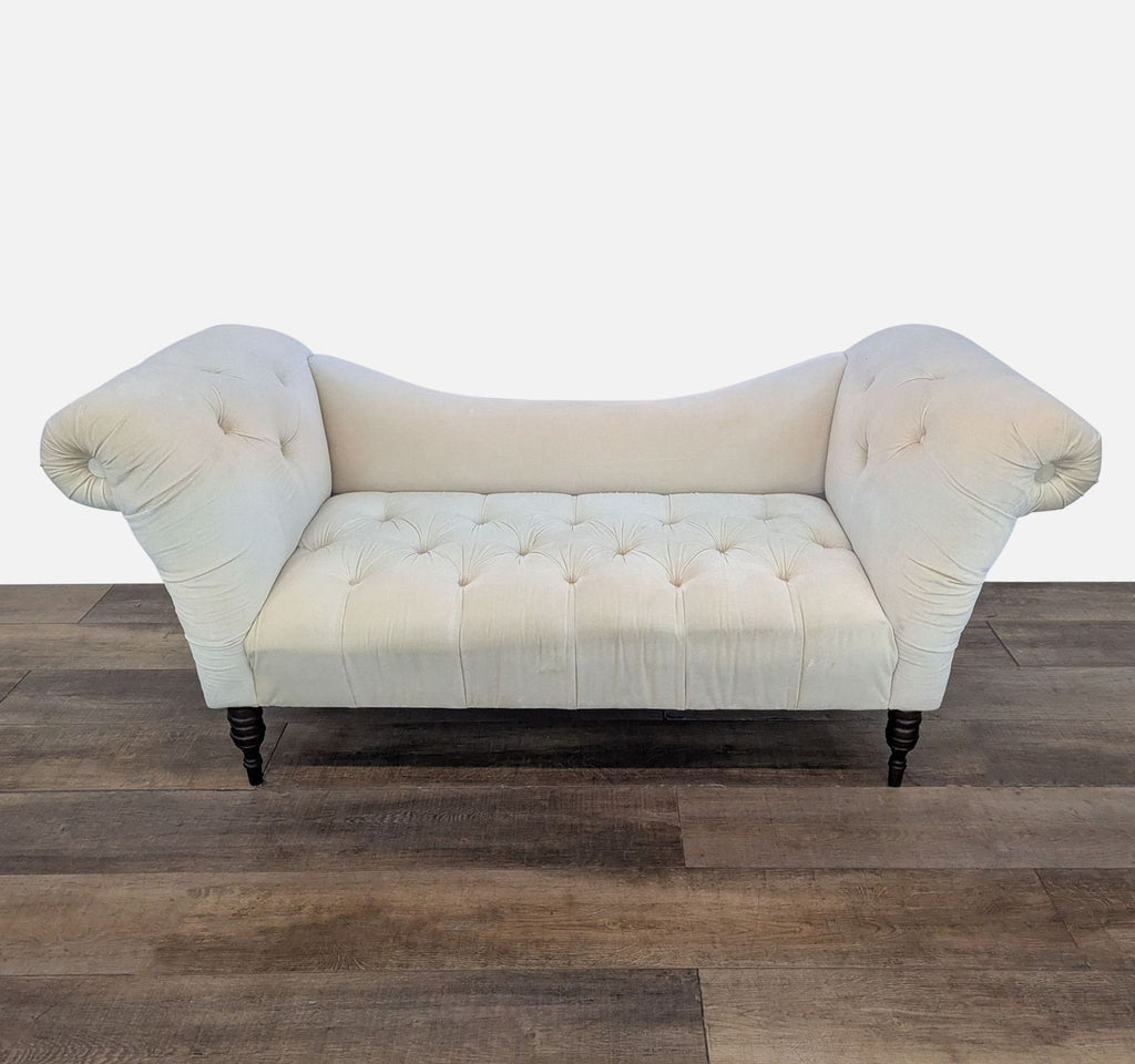 1. Antique white velvet loveseat from Skyline Furniture, tufted design with rolled back and arms, plush padding.  