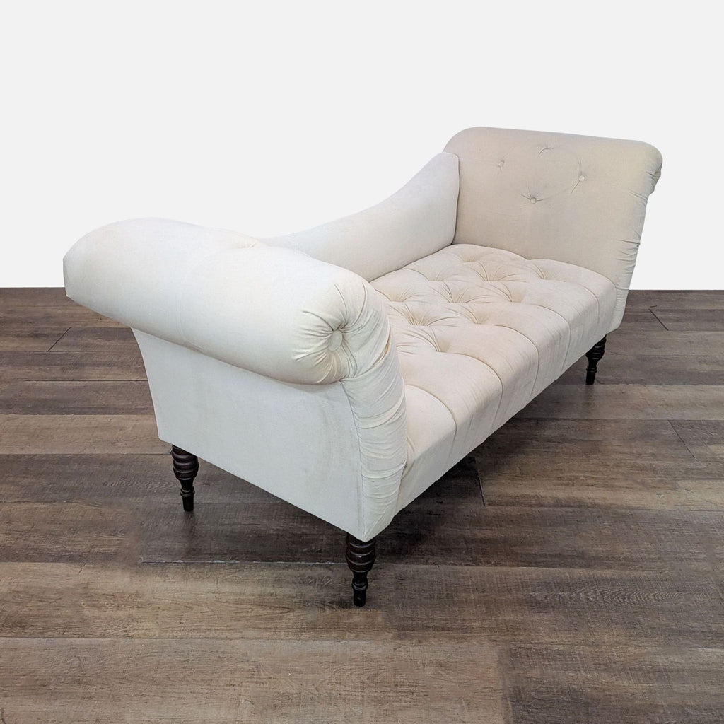 3. Skyline Furniture loveseat in velvet, featuring plush tufted seating, curved arms, and gently rolled back design.