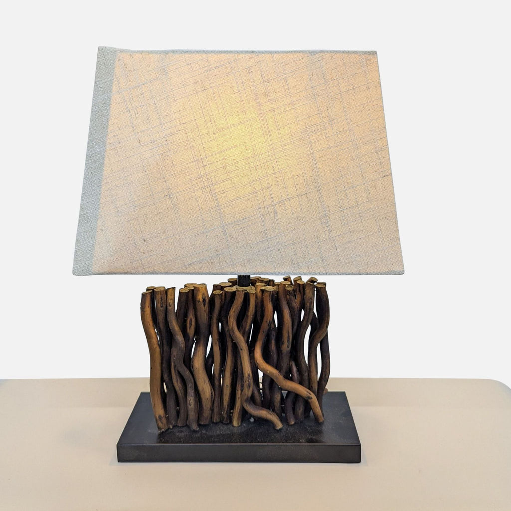 Rustic Table Lamp with  Wood Base and Fabric Shade