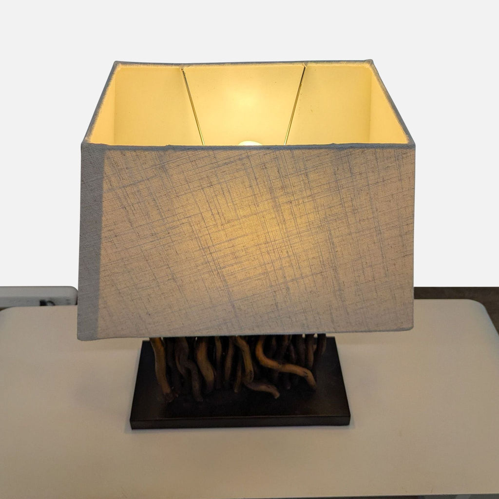 Rustic Table Lamp with  Wood Base and Fabric Shade