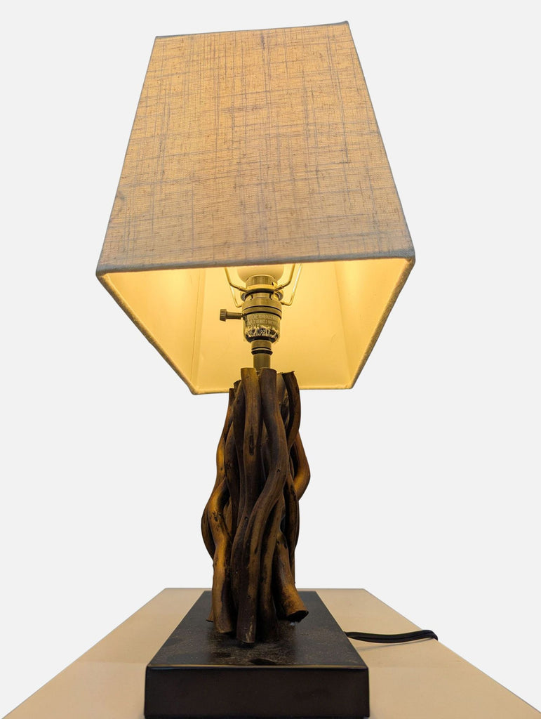 Rustic Table Lamp with  Wood Base and Fabric Shade