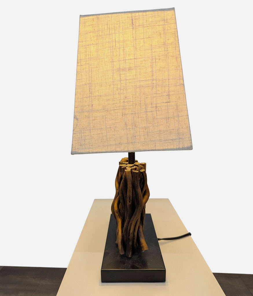 Rustic Table Lamp with  Wood Base and Fabric Shade