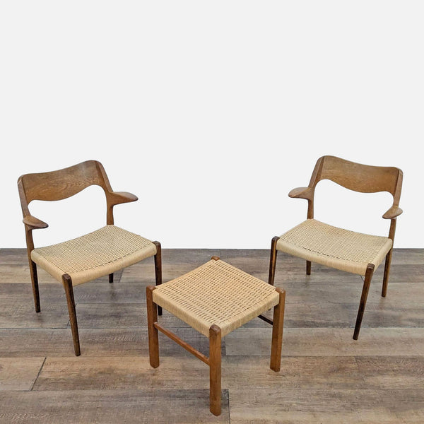 1. Pair of teak Reperch chairs with woven paper cord seats and matching side table, shown on wood flooring.  